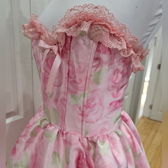 Dolls Kill Sugar Thrillz Forever Fancy Corset Pink Floral Rose Lace Mini Dress S - Picture 11 of 13